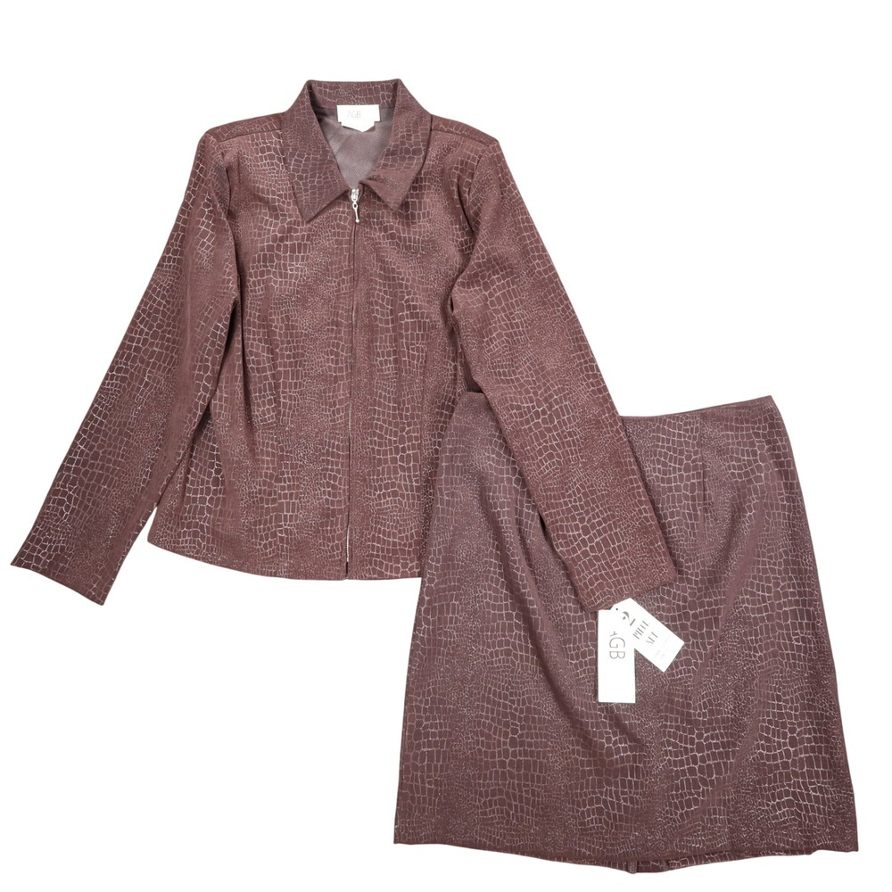 AGB Byer California Skirt Suit Set 12 Brown Crocodile Embossed Zip Jacket Skirt